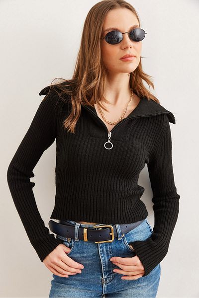 Olalook Pulover de damă, negru, cu guler în picioare, cu fermoar, tricotaj, KZK- 19000880