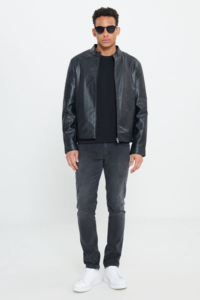AC&Co / Altınyıldız Classics Ανδρικό μαύρο δερμάτινο μπουφάν με φερμουάρ Standard Fit Κανονική εφαρμογή γιακάς
