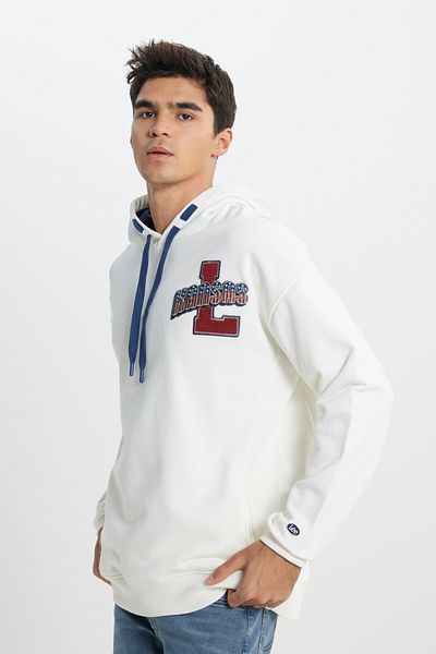 Lee Loose Fit Relaxed Fit Hooded Fleece Inside Off White Sweatshirt