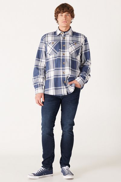 WRANGLER Loose Fit Relaxed Fit Raster Plaid Blue Long Sleeve Shirt
