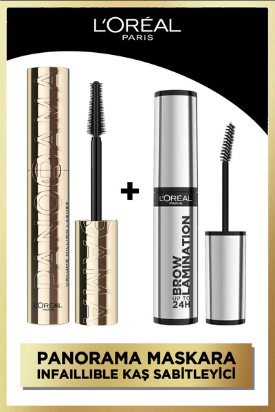 L'Oreal Paris Panorama Hacim Veren Maskara Siyah + Infaillible 24H Brow Lamination Şeffaf Kaş Sabitleyici