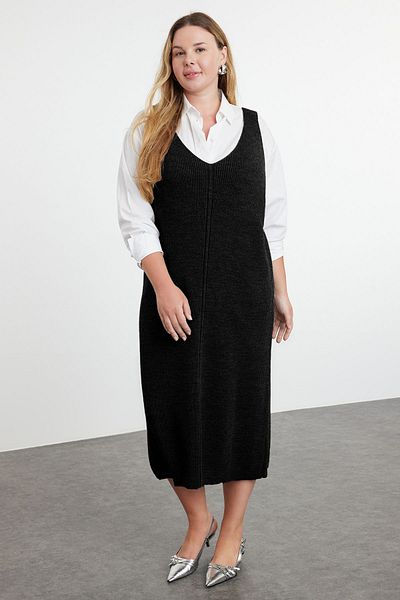 Trendyol Curve Μαύρο Gilet Midi Πλεκτό Φόρεμα TBBAW25AH00008