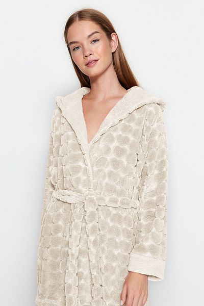 Trendyol Collection Ecru Belted Heart Fleece zimní pletený župan Thmaw24Sb00002