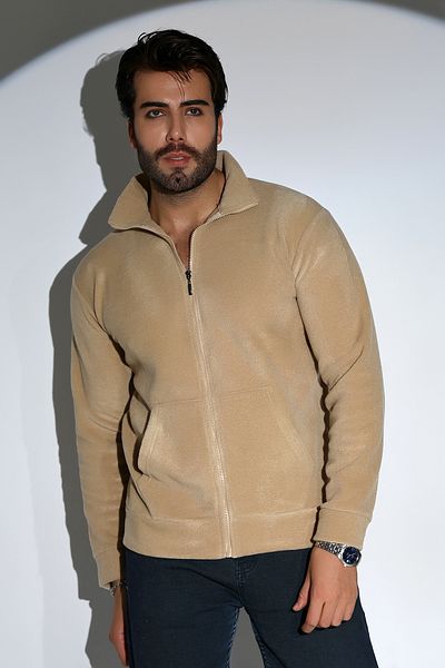 DİVİSTA Men's Standard Fit Stand Collar Full Zipper Beige Fleece.