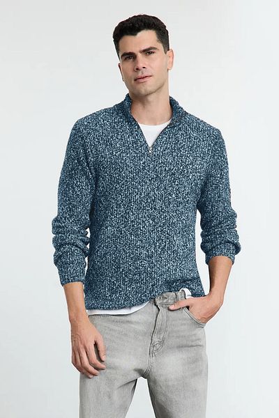 Trendyol Collection Unisex-Indigo-Strickpullover – halber Rollkragenpullover, gerüscht, normale Passform TMNAW25KZ00019