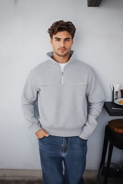 Trendyol Collection Γκρι μελανζ φλις/Ζεστό φούτερ με φερμουάρ - TMNAW25SW00031