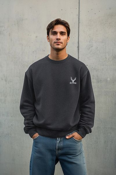 Trendyol Collection Anthrazit-meliertes Oversize-Sweatshirt mit Tierstickereien - Langarm Tmnaw24sw00164