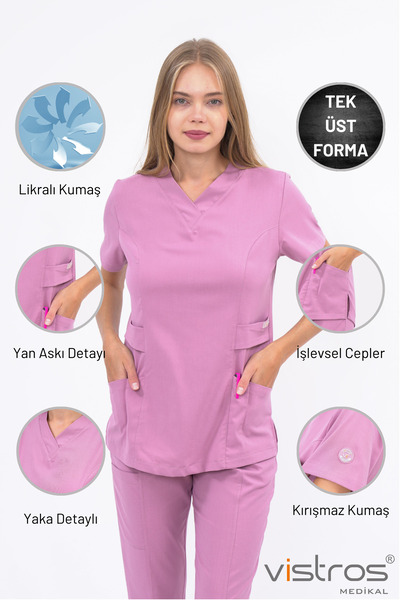 Vistros Medikal Likralı Üst Kısa Kollu V Yaka Yüksek Kaliteli Gül Kurusu Scrubs Hemşire Doktor Üniforma (Üst) V-015U
