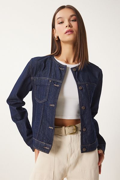 Happiness İstanbul Marineblaue Jeansjacke mit Rundhalsausschnitt für Damen FN03417