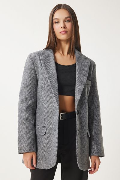 Happiness İstanbul Women's Anthracite Leather Detailed Winter Blazer Jacket Fn03405