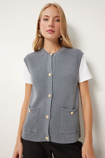 Happiness İstanbul Women's Gray Stylish Buttoned Pocket Knitwear Vest Us00948