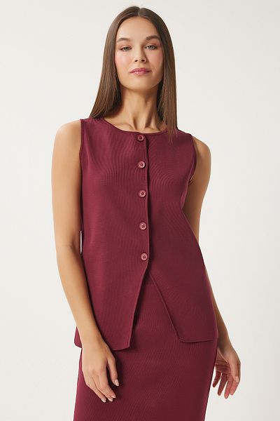 Happiness İstanbul Weinrotes Strickweste- und Rock-Set – Damen FN03396