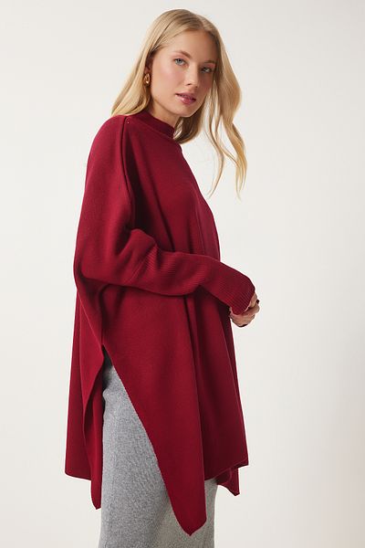 Happiness İstanbul Burgunderroter Oversize-Ponchopullover mit Seitenschlitz für Damen YY00005