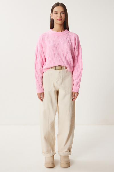 Happiness İstanbul Pink Crop Knitwear női pulóver - MX00170