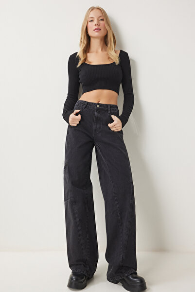 Happiness İstanbul Kadın Siyah Geniş Paça Kargo Jean FN03184