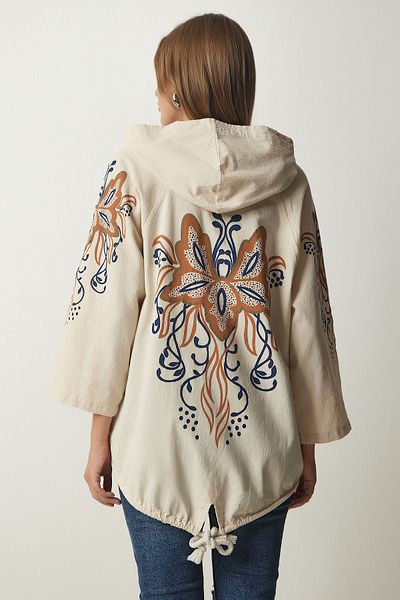 Happiness İstanbul Cremebraune bedruckte Jacke aus Rohleinen mit Kapuze für Damen SA00014