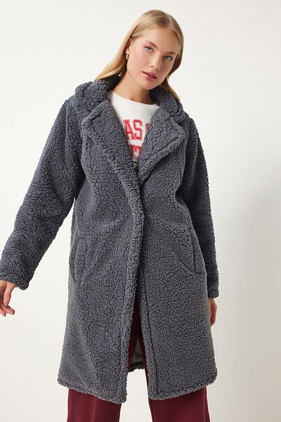 Happiness İstanbul Women's Anthracite Layered Collar Plush Coat Zh00009