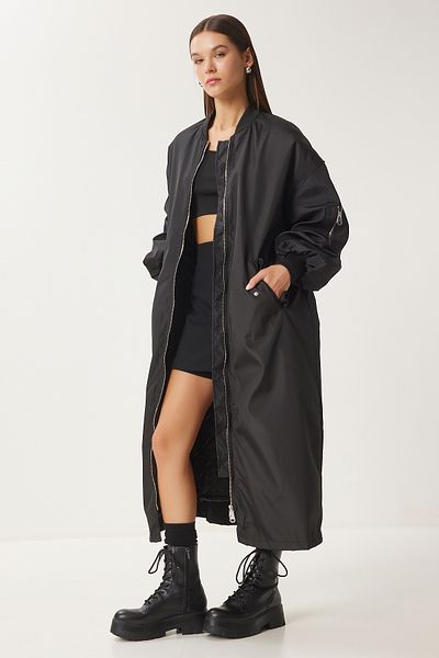 Happiness İstanbul Women's Black Oversize Zippered Long Woven Trench Coat Fn03436