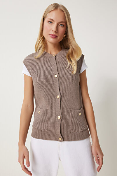 Happiness İstanbul Стилна дамска плетена жилетка от норка с копчета Us00948