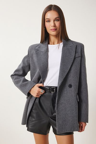 Happiness İstanbul Women's Anthracite Striped Blazer Stamp Jacket Fn03391