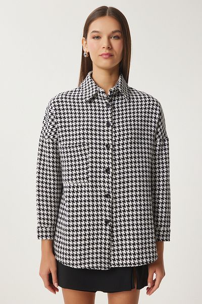 Happiness İstanbul Weißes und schwarzes Hahnentrittmuster für Damen, Oversize-Hemdjacke aus Wolle mit Stempelmuster, BH00300