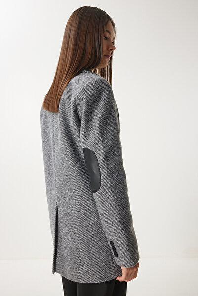 Happiness İstanbul Women's Anthracite Leather Detailed Winter Blazer Jacket Fn03405