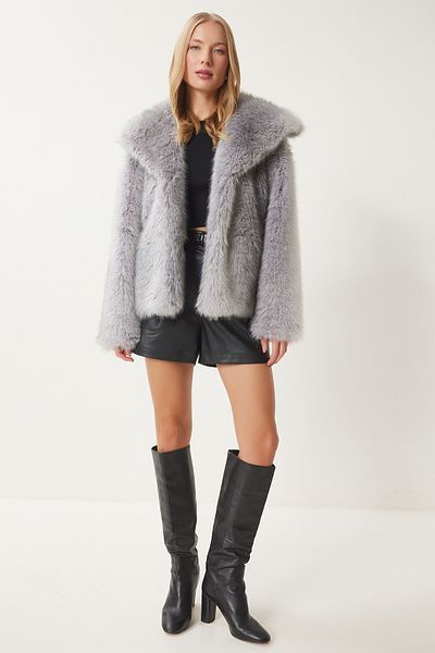 Happiness İstanbul Women's Gray Wide Collar Faux Fur Jacket Fn03430