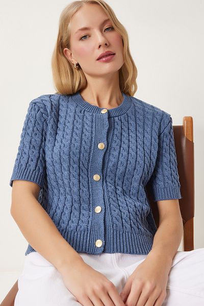 Happiness İstanbul Indigo Blue Hair Braided Crew Neck Women's Knitwear Cardigan - Us00946