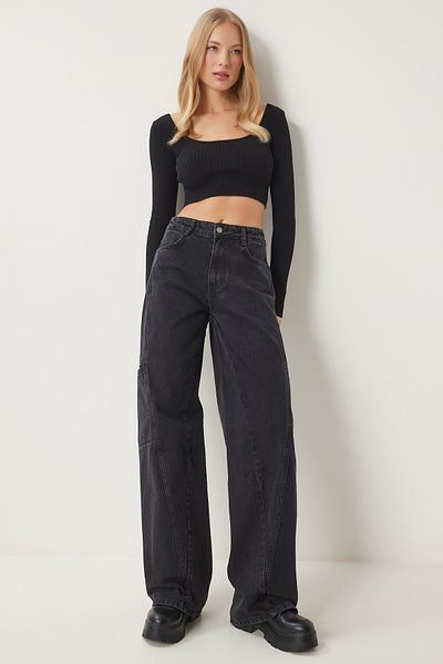 Happiness İstanbul Schwarze Cargo-Jeans mit weitem Bein für Damen FN03184
