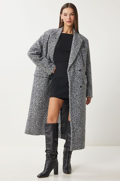 Happiness İstanbul Anthracite Premium Oversize Women's Boucle Coat - Fn03421