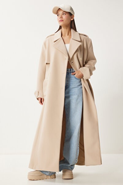 Happiness İstanbul Μπεζ Premium Oversize Γυναικείο Παλτό - FN03441