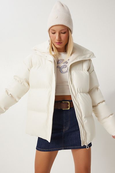 Happiness İstanbul Women's Ecru Stand Collar Faux Leather Puffer Jacket Pys0029