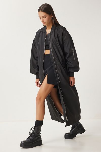 Happiness İstanbul Women's Black Oversize Zippered Long Woven Trench Coat Fn03436