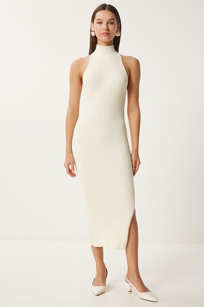 Happiness İstanbul Women's Bone Off-the-Shoulder Wrap Corded Knitwear Dress FN03424