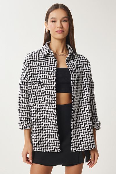 Happiness İstanbul Weißes und schwarzes Hahnentrittmuster für Damen, Oversize-Hemdjacke aus Wolle mit Stempelmuster, BH00300