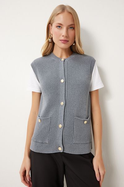 Happiness İstanbul Women's Gray Stylish Buttoned Pocket Knitwear Vest Us00948