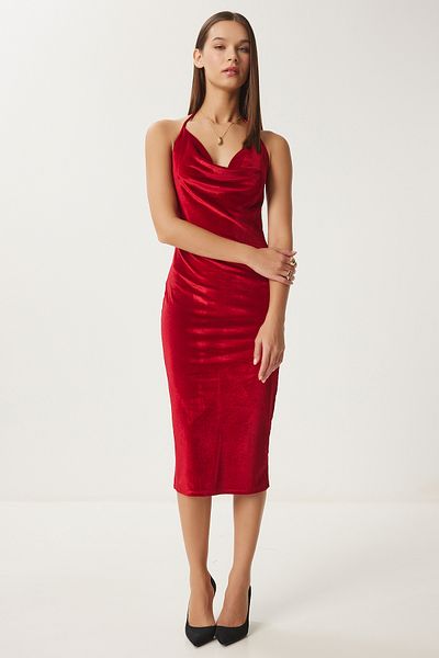 Happiness İstanbul Women's Red Velvet Midi Dress Fn03407