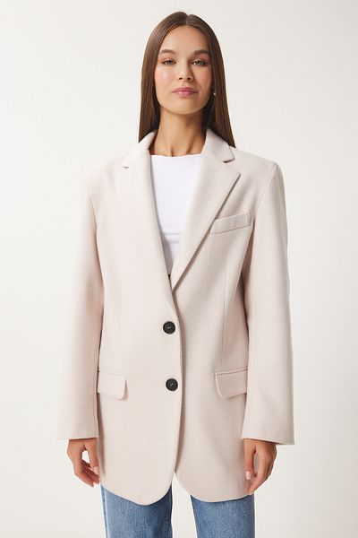 Happiness İstanbul Hellrosa Fischgräten-Blazer für Damen, Kaschmirjacke FN03392