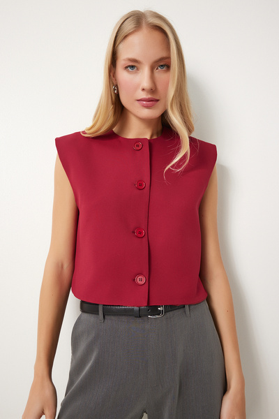 Happiness İstanbul Women's Burgundy Buttoned Crop Woven Vest To00159