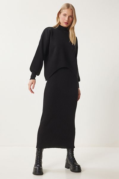 Happiness İstanbul Schwarzes Sweatshirtkleid aus Rippstrick für Damen KG00006
