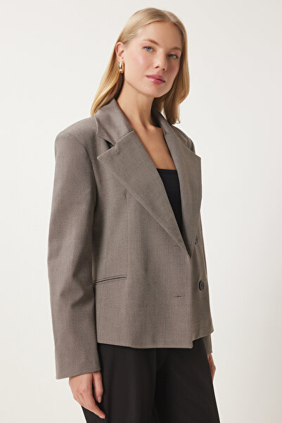 Happiness İstanbul Jachetă de damă gri cu guler dublu țesut FN03410