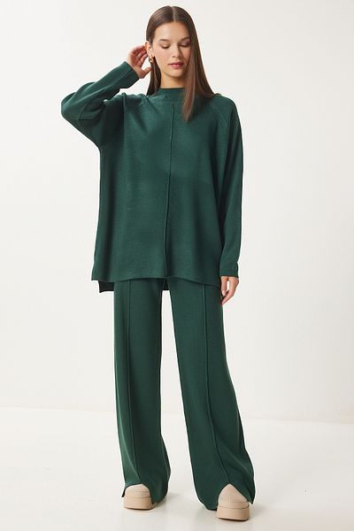 Happiness İstanbul Smaragdgrünes Strickpullover- und Hosen-Set – MU00012