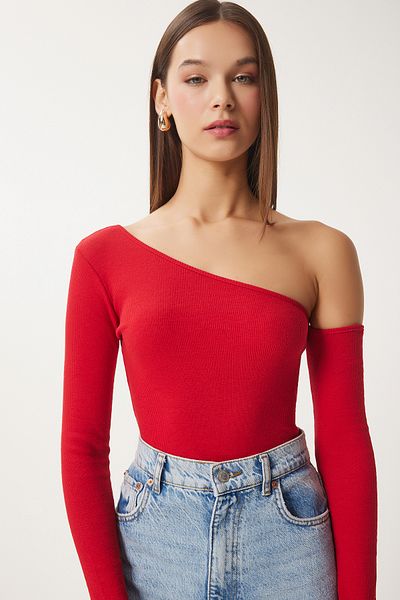 Happiness İstanbul Women's Red Open Shoulder Corduroy Knitted Blouse TG00011
