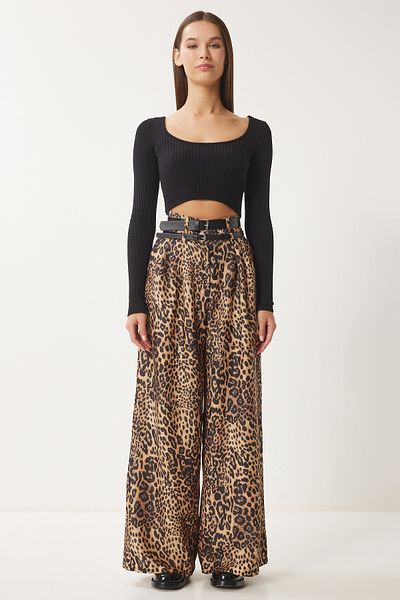 Happiness İstanbul Beige-schwarze, gewebte Culatte-Hose mit Leopardenmuster und doppeltem Gürtel für Damen FN03412