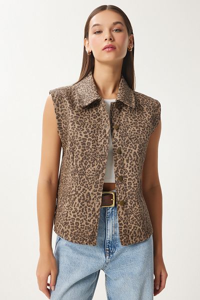 Happiness İstanbul Nerzbraune Damen-Jeansweste mit Leopardenmuster und Hemdkragen FN03418