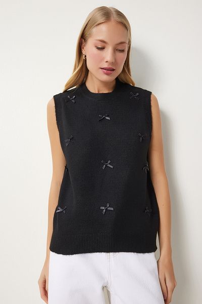 Happiness İstanbul Women's Black Bow Knitwear Sweater Pf00079