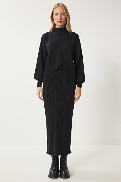 Happiness İstanbul Női fekete bordás kötött pulóver ruha KG00006