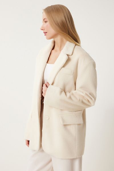 Happiness İstanbul Ecrufarbene Damen-Jacke aus Kunstfell mit zweireihigem Kragen FN03435