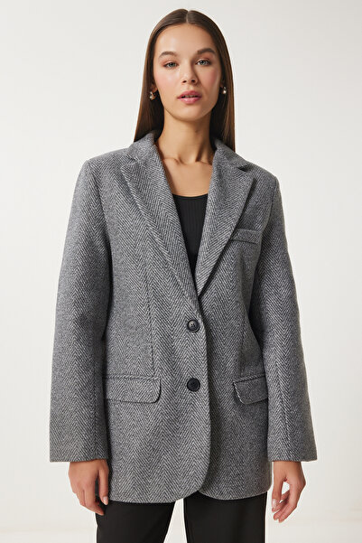 Happiness İstanbul Women's Anthracite Leather Detailed Winter Blazer Jacket Fn03405