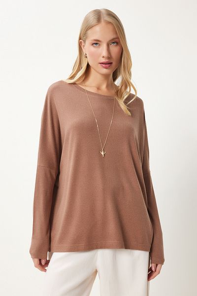 Happiness İstanbul Nerzfarbene Damen-Strickbluse mit Fledermausärmeln und Rundhalsausschnitt EN00616